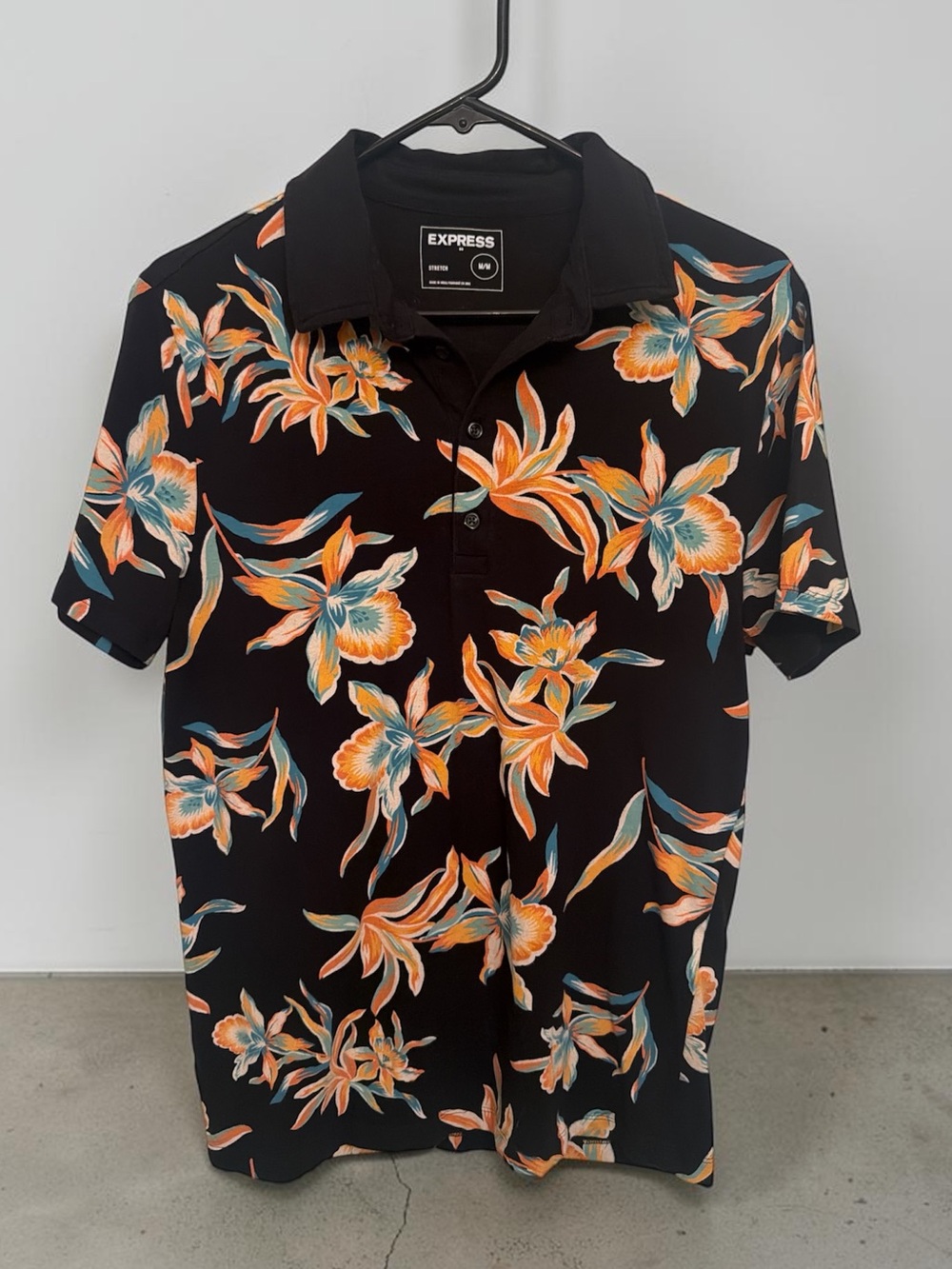 Express Black Polo with Orange & Teal Floral Print
